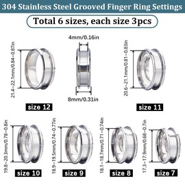 SUNNYCLUE 1 Box 18Pcs Stainless Steel Grooved Finger Ring US Size 7/8/9/10/11/12 Ring Core Blanks 8mm Wide Empty Round Grooved Inlay Ring Blanks for Jewellery Making Kits Men Women DIY Craft Supplies