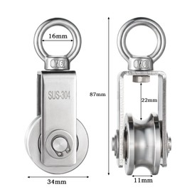 Pulley with 2 Ball Bearings, Fitness 304 Stainless Steel Pulley for Ropes, Steel Cable, Load Capacity 250 kg