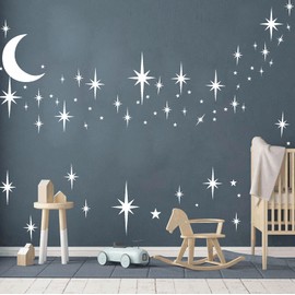 Stars and Moon Wall Decal Star Decals for Walls Nursery Wall Decal White Stick on Stars Vinyl Wall Stars Decal Removable Peel and Stick Wall Stickers for Kids Girls Bedroom