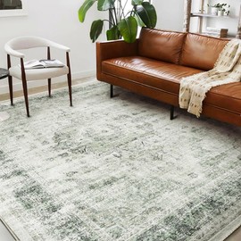 CHAMPLANT Washable Area Rug 10'x14' Floral Green Boho Design Non-Shedding Easy Care Ideal for High Traffic Areas in Living Room Bedroom Office Coffee Table Kitchen Large Carpet