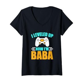 Womens Leveled Up Baba Baby Announcement Dad Greek Turkish Gifts V-Neck T-Shirt