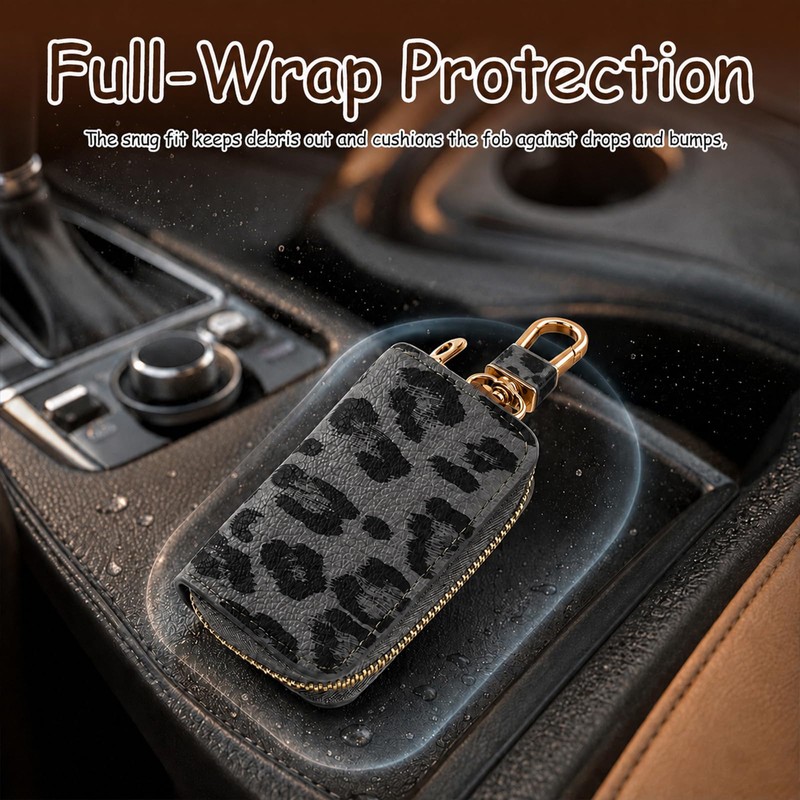 PU Leather Key Fob Holder Case,Leopard Print Car Key Case(Black)