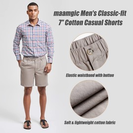 maamgic Men's Classic-fit 7" Cotton Casual Golf Shorts Elastic Waistband with Multi-Pocket Daily Wear Walking Summer Outfit Khaki 34
