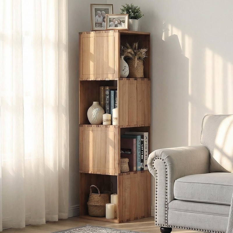 Solid Wood Corner Shelf, Square Bookcase Cube Tower, Stationary Shelves