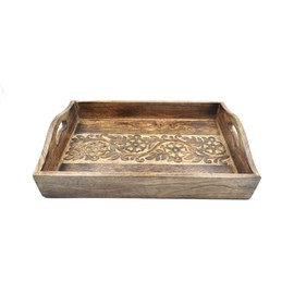 STORE INDYA Rustic Large Wooden Serving Tray Platter for Tea Snack Dessert with Handle Hand Carved Floral Design. Kitchen Dining Serve-Ware Accessories 14 x 10 Inches