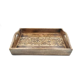 STORE INDYA Rustic Large Wooden Serving Tray Platter for Tea Snack Dessert with Handle Hand Carved Floral Design. Kitchen Dining Serve-Ware Accessories 14 x 10 Inches