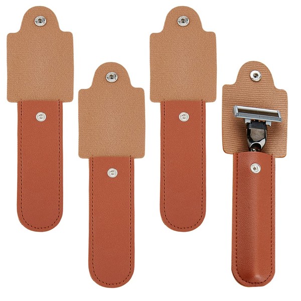 SUPERFINDINGS 4 x PU Leather Razor Protective Cover 141 mm Long Saddle Brown Razor Sheath Button Design Shaving Bag Holder for Travel Inner Size: 109 x 30 mm