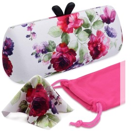 Chic Glasses Case - Hard Eyeglasses Case with Handle - Cute Small Sunglass Case Holder with Pouch & Cloth (AS461 Cranberry Rose 1)