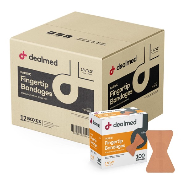 Dealmed Fabric Fingertip Flexible Adhesive Bandages – 100 Count (12 Pack) Bandages with Non-Stick Pad, Latex Free, Wound Care for First Aid Kit, 1-3/4" x 3"