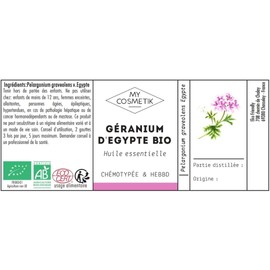 Ägyptisches Bio-Geranienöl (Pelargonium graveloens cv Egypte), 100 % reines und natürliches Öl, MY COSMETIK – 10 ml