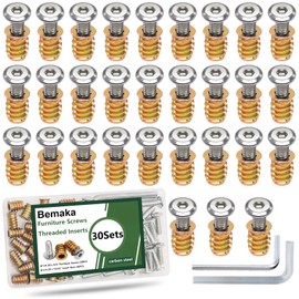 Bemaka 30 Sets 1/4-20 x 3/4" Threaded Inserts for Wood, Furniture Screws Wood Inserts, Screw-in Nuts 1/4-20 x 19/32" Furniture Bolts Fastener Connector Hex Socket Drive with Two Hex Wrenches