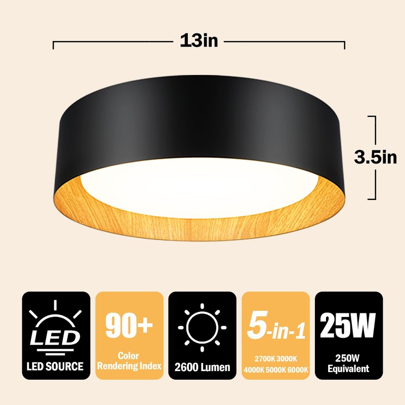 BrightHome Flush Mount Ceiling Light, 13in 2600LM 25W(300W Equiv), LED