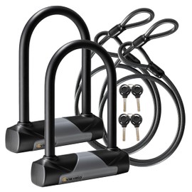 Via Velo 2 Bike Lock Sets with Same Key System Heavy Duty Anti-Theft Bicycle U Locks with 8 mm x 4.92ft Braided Steel, 4 Keyed Alike Keys for E-Bike, Scooter Mountain Road Bike