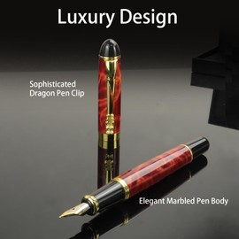 YUNCHUN Luxury Fountain Pen for Writing, Refillable Marble Metal Pen, Fancy Ink Pen with 5 Black and 5 Blue Ink Refills, Gift Sets for Men and Women, Office Executive Pen with Dragon Pen Clip, Red
