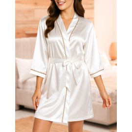EPLAZA Bride Robe for Wedding Day Bridal Robes Satin Silk V-Neck Robe for Bachelorette Party Getting Ready (White, M)