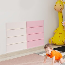 choayun 8 Pcs 3D Anti-Collision Wall Padding for Kids, Peel and Stick Upholstered Wall Panels, Headboard Panels for Bedroom Playroom Living Room (Creamy-White+Pink)