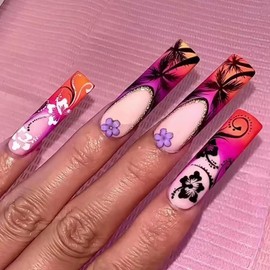 Press on Nails Long Coffin Shaped Glossy Full Cover Acrylic Square Long False Nails with Designs Artificial Extra Long Coffin Fake Nails with Charm Glue Stick on Fingernails for Women Girls(SGCY155)