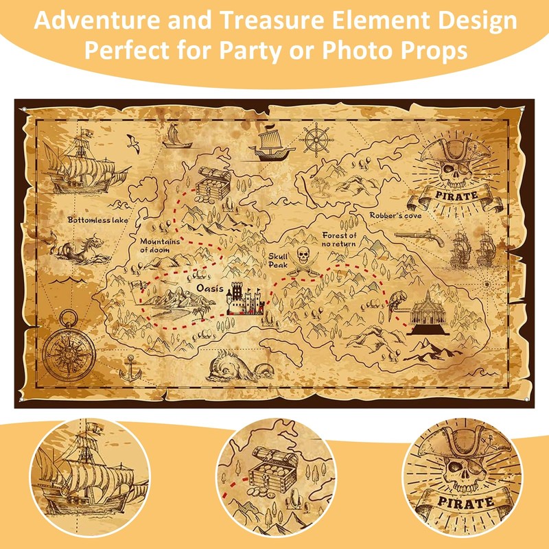 BLMHTWO 185×110cm Pirate Treasure Map Backdrop, Western Treasure Island Route