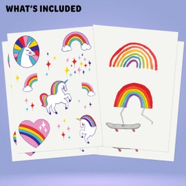 Tattly Rainbows & Unicorns Temporary Premium Tattoos - 30 Pieces, Skin-Safe Tested, Cruelty-Free Vegan Ink, Water Resistant, Adults, Teens or Kids, Realistic, Artist Designed