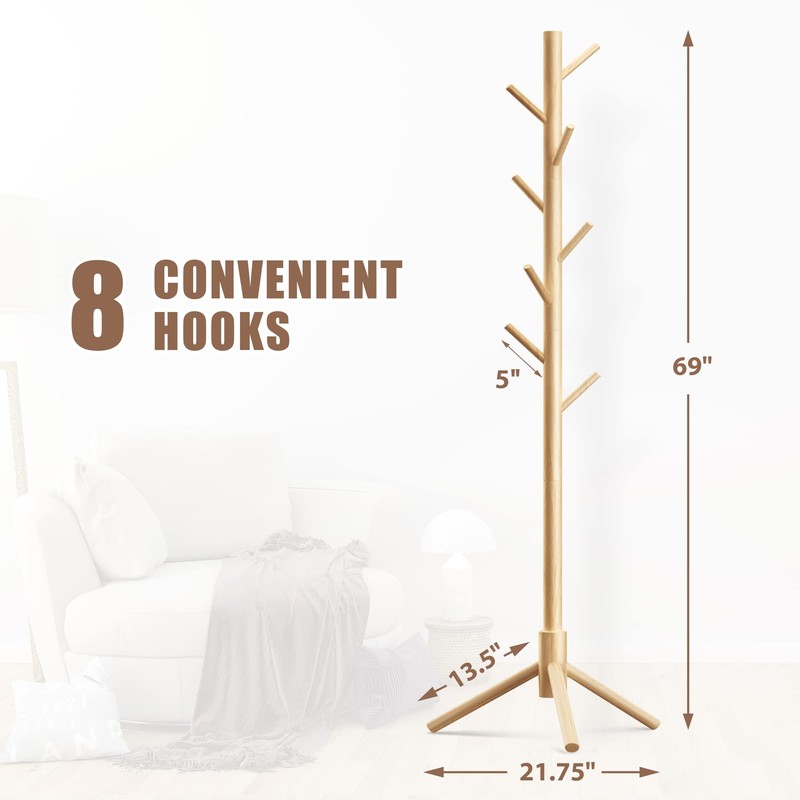 Haddockway Wooden Coat Rack Stand with 8 Hooks New Zealand
