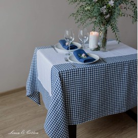 Linen & Cotton Gingham Tablecloth Estella - 100% Linen, White Blue (100 x 100 cm) Small Square Rustic Country Style Checked Table Linen Cloth for Home Cottage Restaurant Hotel Summer Spring Easter