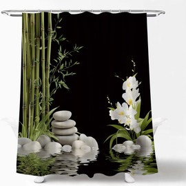 Zen Spa Lotus Shower Curtain Green Zen Stone Meditation Garden Japanese White Lotus Flower Lily Floral Green Leaves Relax Nature Fabric Bath Curtain with Hook