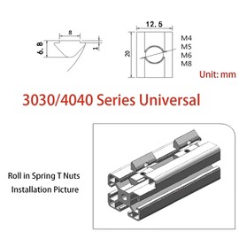 M6 Roll in Spring T Nuts,3030/4040 Series Universal with Spring Sheet,Roll in Spring Loaded T Nut,Carbon Steel Nickel-Plated for Aluminum Profile with 8mm Groove Depth (30/40-Series,30 Pcs)