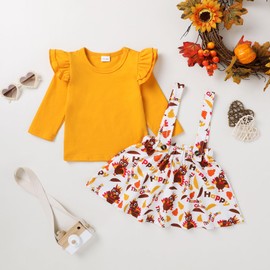 HAPPYMA Thanksgiving Outfit Baby Girl Skirt Sets Ruffle Top + Turkey Suspender Dress Thanksgiving Clothes for Toddler Girls (Yellow and Turkey, 3-4T)