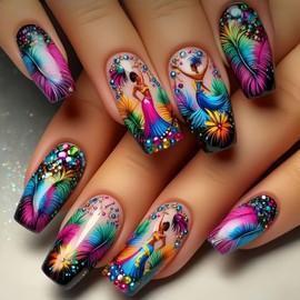 Mardi Gras Press on Nails Medium Square False Nails with Colorful Rhinestone Design Pink Plume Stick on Nails Beauty Fake Nails Glossy Cute Flower Summer Glue on Nails for Women Girls Manicure 24Pcs