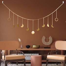 Zimoer Moon Phase Garland, Wall Decor Boho, Golden Boho Wall Decoration, Moon Phase Garland Ornaments Sun and Moon Style Metal Boho for Home Decor, Bedroom, Living Room, Cafe, Sofa, 55 Inch