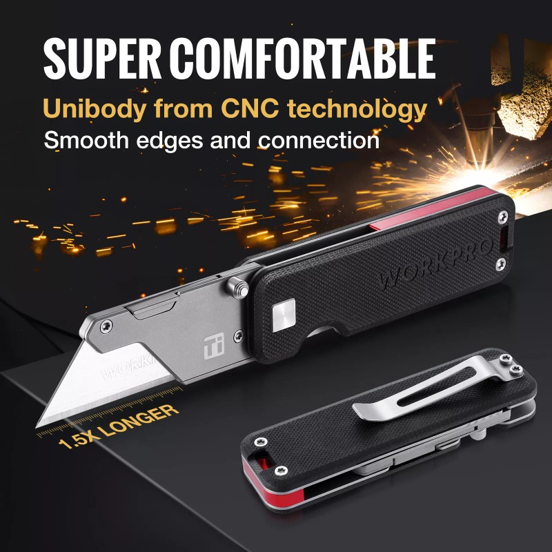 WORKPRO Premium Titanium Utility Knife, CNC Unibody w/10 Extra Blades