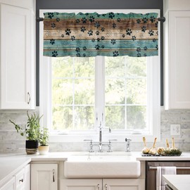 Lsrtoss Teal Brown Dog Paw Prints Farmhouse Short Window Curtain Valances, Vintage Wooden Valances for Windows, Rustic Country Rod Pocket Kitchen Valances for Living Room Bedroom Bathroom Cafe 54"x18"