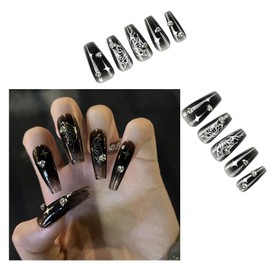 Long French Tip Press on Nails Square 3D Black Butterfly Fake Nails Bling Nails Tips Full Cover False Nails Artificial Reusable Nails Acrylic Stick on Nails for Women and Girls 24PCS