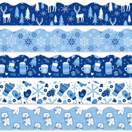 Whaline 69Ft Winter Bulletin Board Borders Snowflake Snowman Bear Scalloped Border Trim Christmas Self-Adhesive Bulletin Border Sticker for Classroom Office Decor