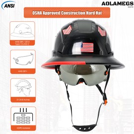 Full Brim Hard Hats with Visor Construction OSHA Approved - Vented Hard Hats for Men,Black Hard Hat with Chin Strap,Safety Helmet Black Hard Hat with Tinted Visor,6 Point Suspension Work Hats