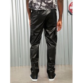 WDIRARA Men's High Waist Button Pu Leather Party Club Long Pants with Pockets Black L