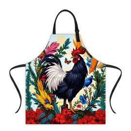 THISFIND Rooster Garden Apron with Two Pockets Adjustable for Women - Rooster with Floral Background for Farm Fresh Cooking, Morning Bakery, Countryside Decor