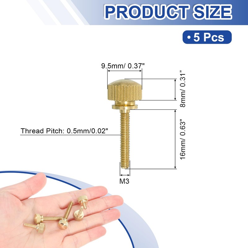 sourcing map 5Pcs Brass Knurled Thumb Screws, M3x16mm Shoulder Bolts