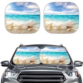 Forchrinse Ocean Beach Seashells with Starfish 2-Piece Windshield Sunshade Block Sun,Heat,Glare,Foldable Front Window Shade Fit for Most of Car Truck SUV Van