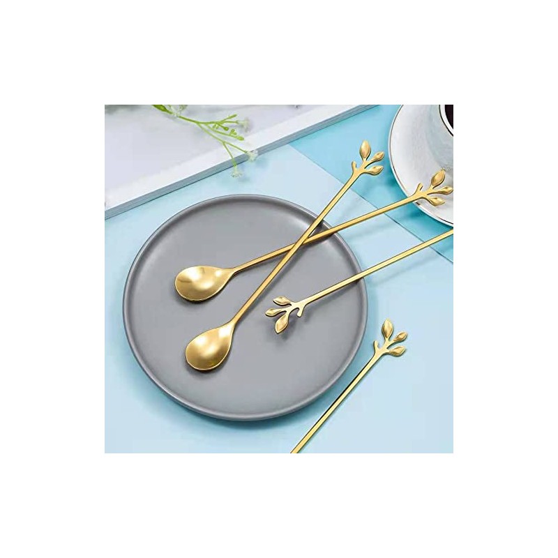Long Handle Ice Tea Spoons Set Ice Cream Leaf Spoon