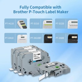 TZe231 Replacement for Brother Label Maker Tape 12mm 0.47 Laminated White for P Touch Label Maker PTH110 PTD220 PTD210 PTH111 P Touch Label Tape 1/2 Inch, Black on White, 4 Packs