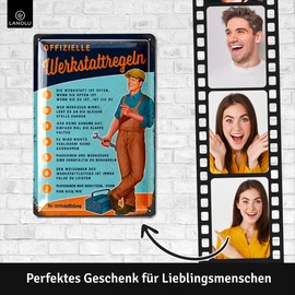 LANOLU Retro Tin Sign Workshop Sign – Funny Workshop Rules for Men – Important Rules for the Workshop, Car Mechanic Gift Father's Day, Garage Decorative Metal Sign 20 x 30 cm