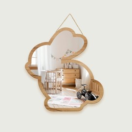 Cute Rabbit Patterned Silver Natural Wood Framed Acrylic to Hanging Wall Mirror Decorative Stickers Baby Kids Teen Room Nursery Bathroom Bedroom Livingroom Decoration