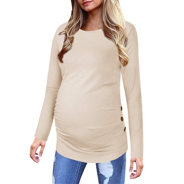 Chuanqi Maternity Shirt Side Button and Ruched Tunic Tops Maternity Long Sleeve T-Shirts (Apricot, Large)