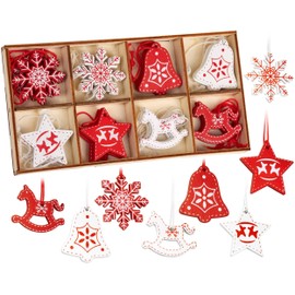 BRUBAKER 24-Piece Christmas Pendant Set – Tree Decoration Red White Wooden 3-4 cm – Rocking Horses Stars Bells – Decorative Hanger Christmas Tree – Wooden Pendant Christmas Tree Decoration