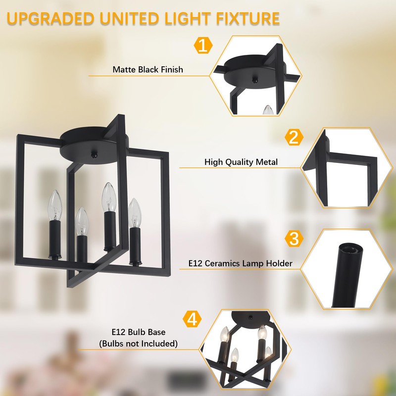 Bosomfr Semi Flush Mount 4-Light Black Ceiling Light, Modern Farmhouse