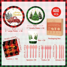 FULJOOY 400 Pcs Christmas Dinnerware Set Serve 50 Foil Buffalo Plaid Truck Tree Paper Plates Bronzing Process Tableware Disposable Party Plates Cups Napkins Set for Xmas Winter Holiday New Year Decor