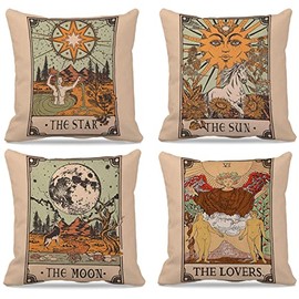 GICHUGI Tarot Card Pillow Covers Set - Tarot Gifts, Tarot Throw Pillow, Set of 4 Flannel Sun Moon Decrative Throw Pillow Cases 18x18, Tarot Decor