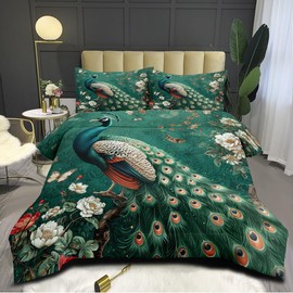 CCoutueChen Green Peacock Feather Comforter Set Queen White Floral Bedding Birds Flower Animal Comforter for Women Adult 3Pcs Soft Microfiber Comforter with 2 Pillowcases