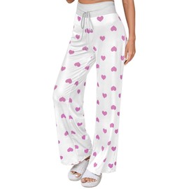 X-Image Womens Wide Leg Pajama Pants Heart Long Sleep Trousers Loose Elastic Waist Lounge Pants Pj Bottoms Purple Heart-White, Medium